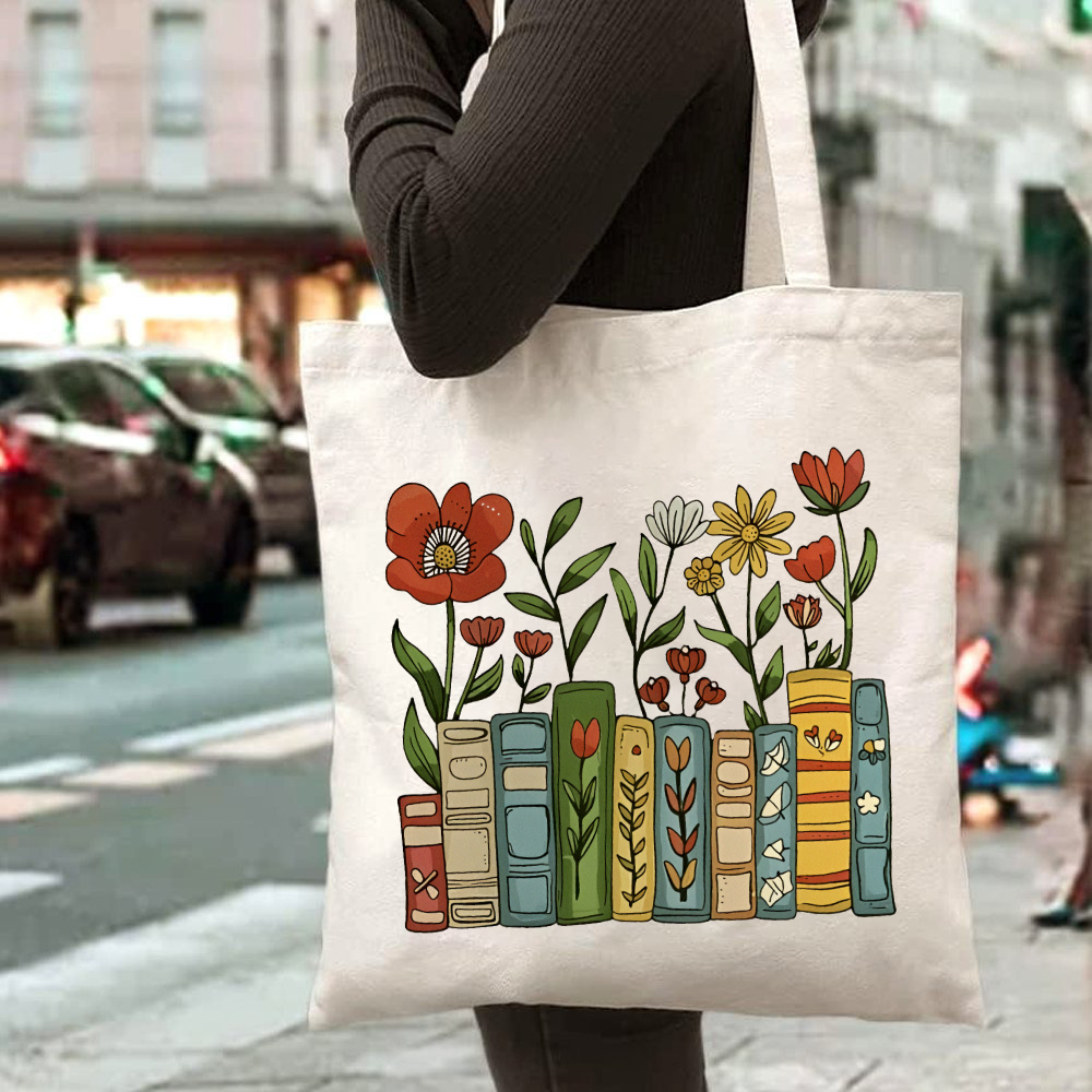Women Hand Bags For Office - Сумка-тоут с принтом книжной полки, большая